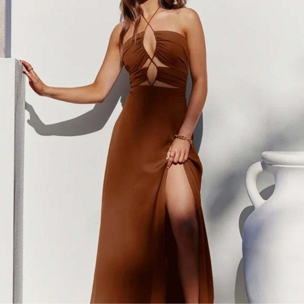 Runway the Label Jayden Brown Strappy Cutout Maxi Dress Size 10 Wedding Party